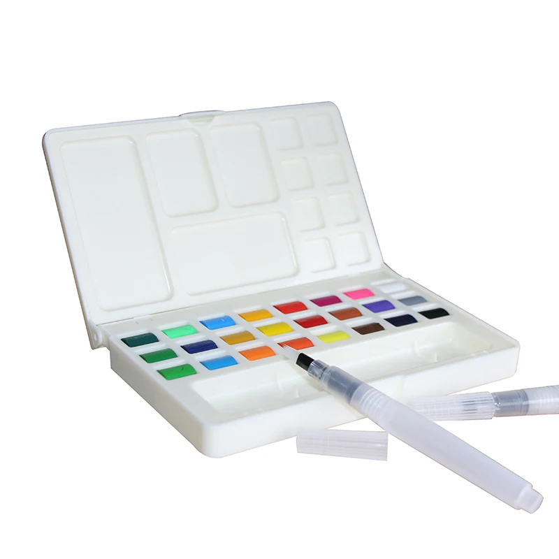 24 Color Assorted Solid Watercolor Paint Set With Water Brush