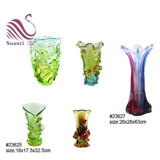 New Design Large Chinese Colorful Transparent Resin Liuli Flower Vase for Home Decoration