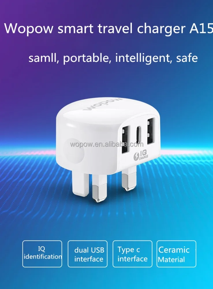 
WOPOW A15 IQ 17W plug adapter multi port uk usb type c chargers for mobile phone 