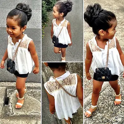 Hot Sell Baby Girls Kids White Sleeveless Lace Flower Chiffon Tops Shirt Blouse