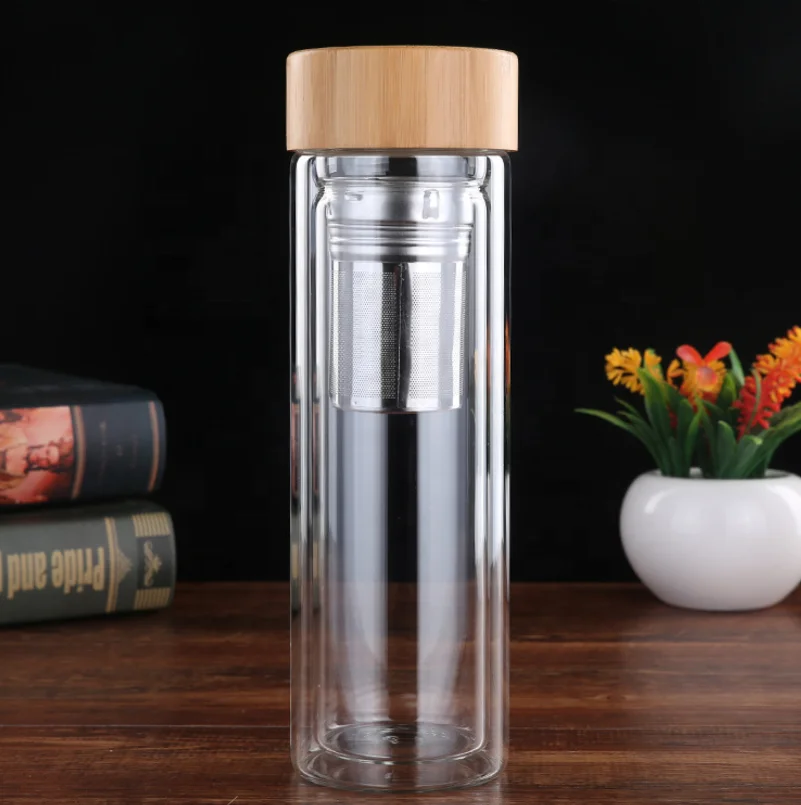 2020 new design 400ml Eco-Friendly double wall high quality Bamboo lid glass tea water drinking bottle