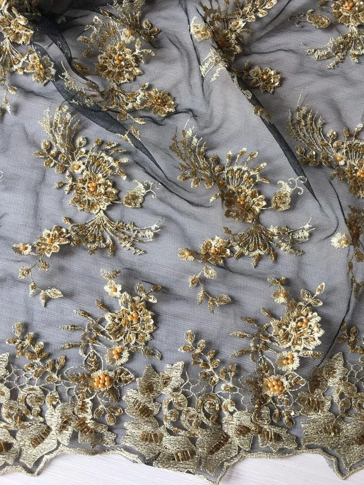 fancy beaded embroidery bridal laces fabrics, black and gold metallic thread hand embroidery net fabric