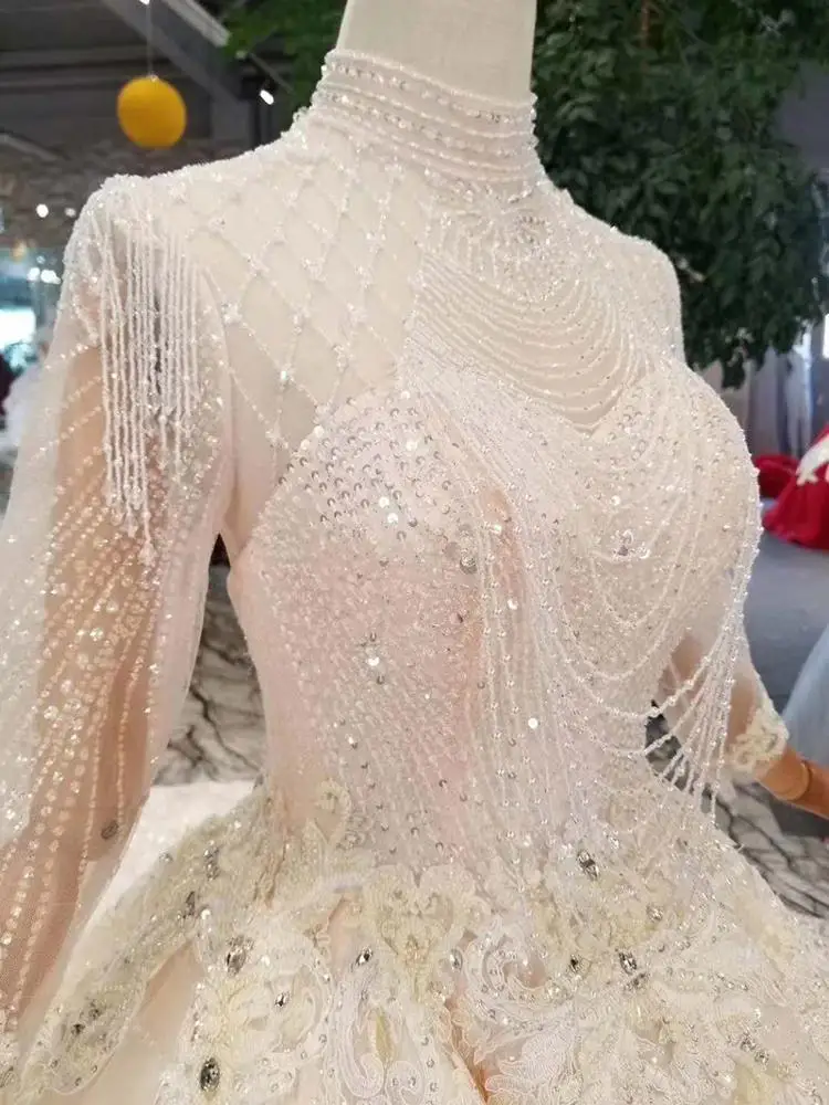 LS11067 jancember с длинным рукавом свадебное платье с высоким воротом платье для свадебной церемонии для девочки кружева ткань для свадебного платья