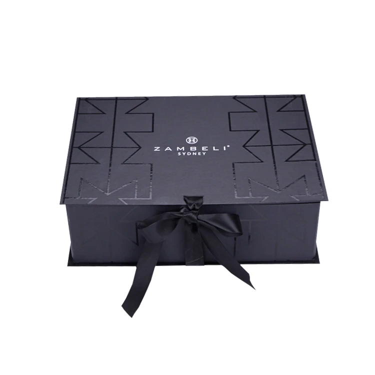 Customized clothes packaging black folding boxes with ribbon decorative