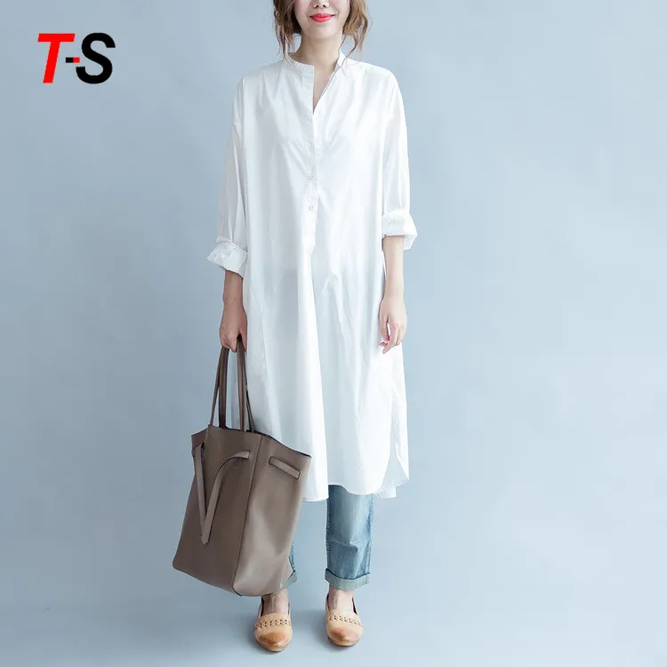 New leisure Simple Solid color round neck long shirt dress cotton fabric