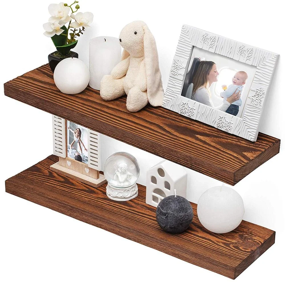 Set of 2 with hidden invisible T-shaped Brackets Rustic Russian Pine Wood Wall Decor Wooden  Floating Shelves