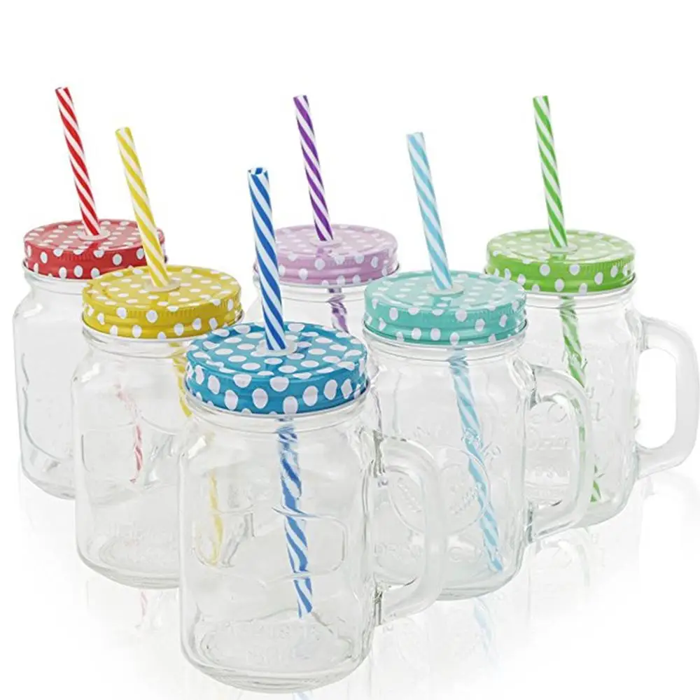 Mason Jar Mugs Drinking Jar with Handles, Lids, Reusable Straws Fruit Patterned Tin Lids and Straw Glass Machine Kitchen Summer