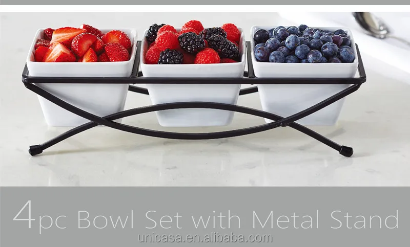 Hot Selling Snack Food Ceramic Dish Tableware White Ceramic Snack Bowls  With Metal Stand