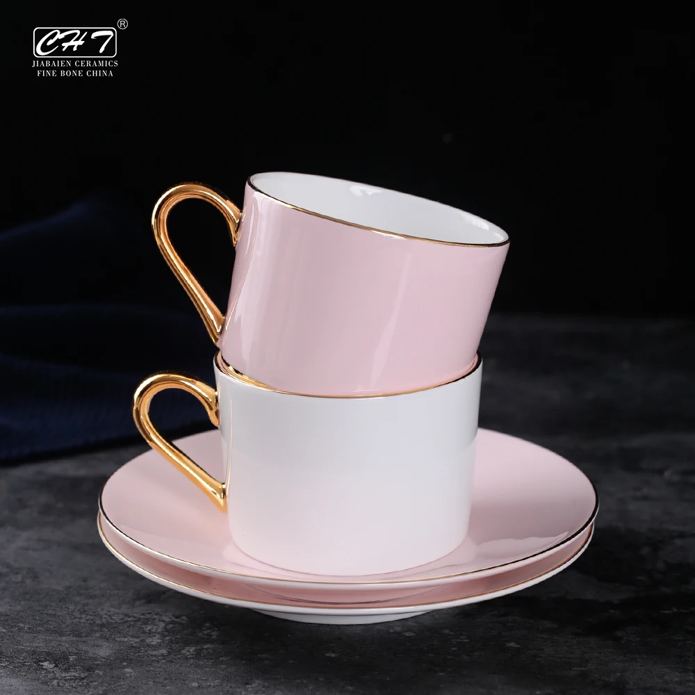 Customize Wholesale Ceramic Tea Cup Set Golden Rim Handle Design Fine Bone Pink Coffee Cup and Saucer