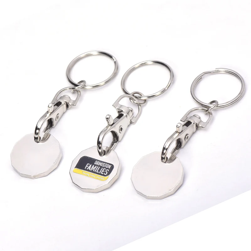 Embossed Stamping Metal Pound Holder Keyring Trolley With Logo Locks Euro Shopping Cart Coin Keychain