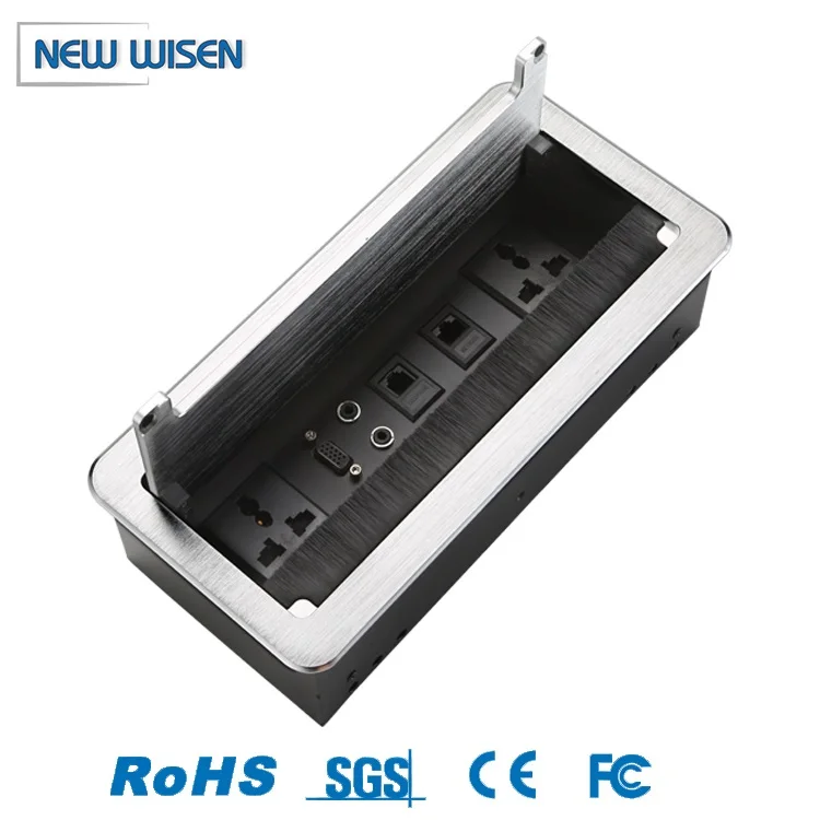 Cable cubby aluminium Tabletop Socket Flip Up Desk Receptacle Multi Power Socket Outlet with audio/VGA connector