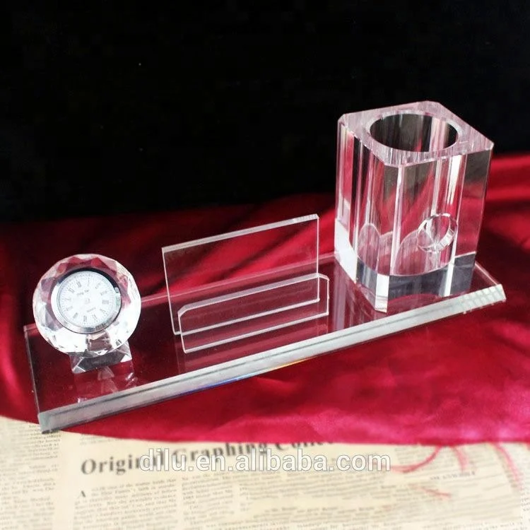 Multi-functional Pen Holder Four In One Brush Pot K9 Crystal Electronic Alarm Clock Desk Pen Holder For Office Business