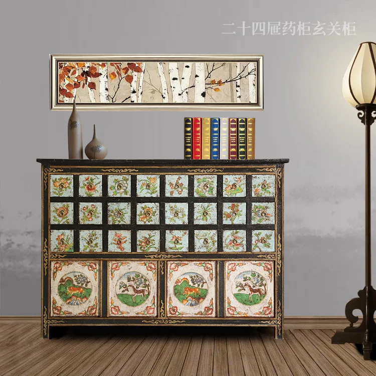 Китайский античный традиционный деревянный медицинский Тибетский шкаф с ручной росписью
