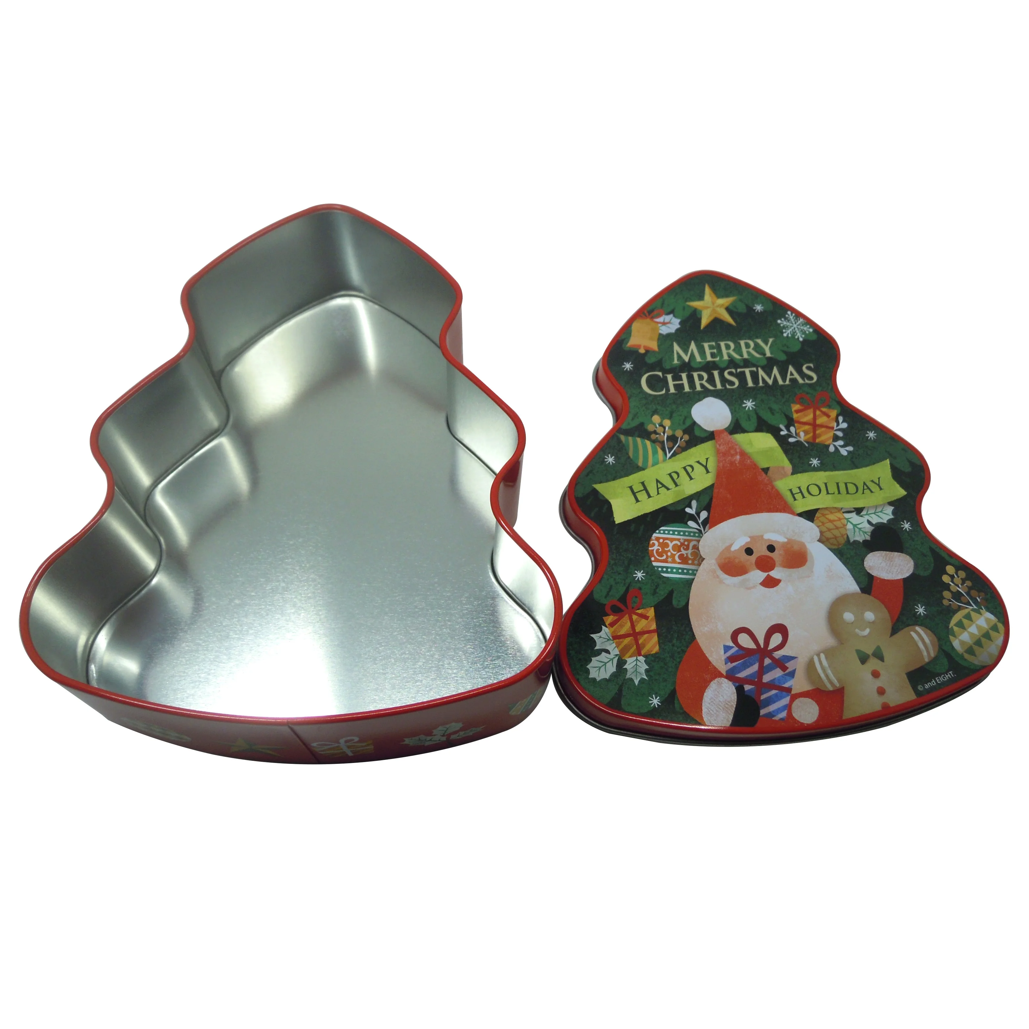 Factory custom candy metal tin cans nice Christmas tree shape hot sale cookie tin box for gift packaging