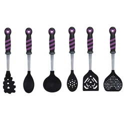 VEICA New Design Love Shaped 6-Pcs Home Cooking Tools Nylon Kitchen Utensils Set With Purple TPR + PP Handle