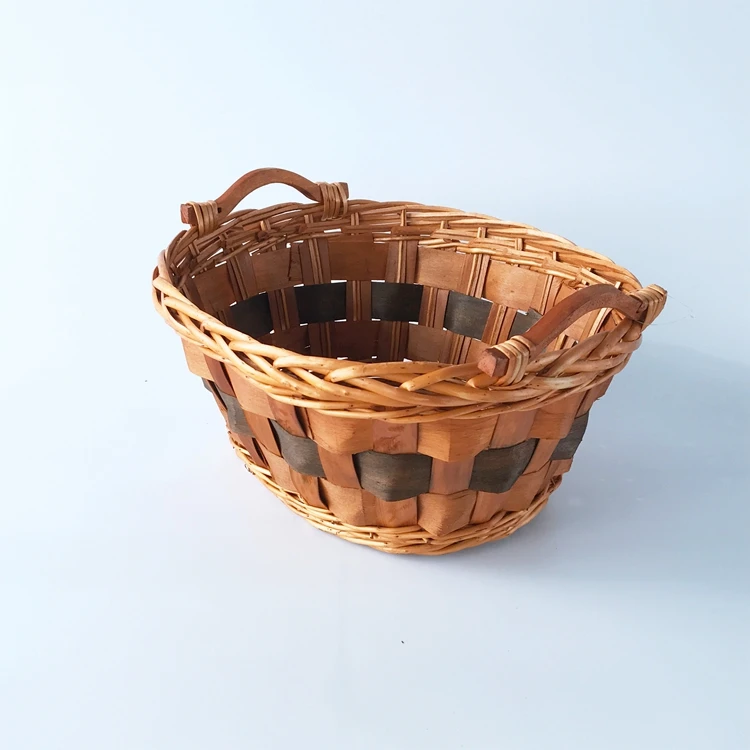 
round willow and wood chip tray with wooden handles honey color tray basket 