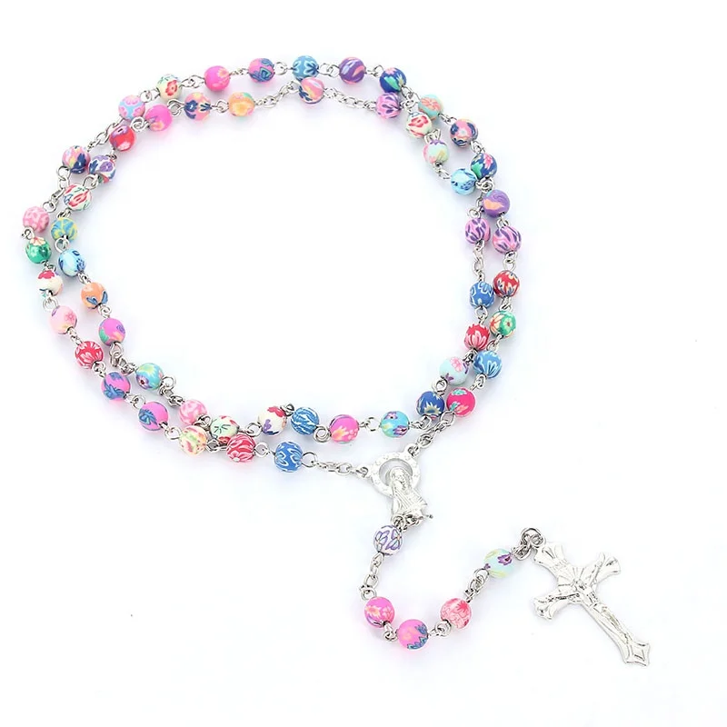 8mm Colorful Polymer Clay Bead Rosary Pendant Necklace Alloy Cross Virgin Mary Christian Catholic Religious Jewelry