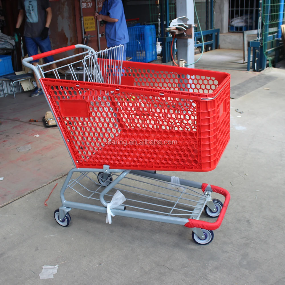 200L supermarket plastic shopping cart red color with logo printing