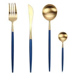 30% OFF Cupitol Style Matte Gold Knife&Spoon&fork Set with Bule Handle Portuguese Design Retro drawing knife and fork