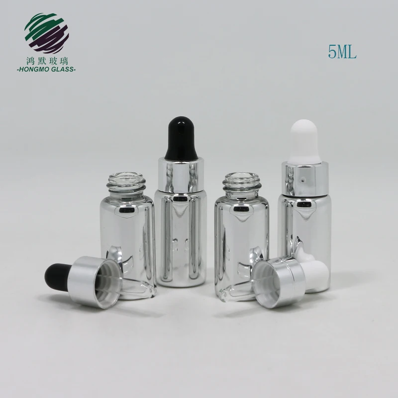 5 ml shiny silver electroplated small mini glass vials 5ml glass dropper bottle for serum essential oil samples packaging