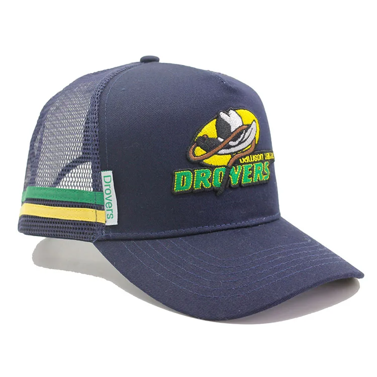 Пользовательские вышитые логотипы боковые полосы 5 панелей тёмно-синие хлопковые кепки тракер