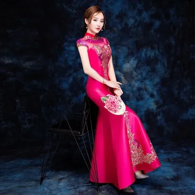 
Chinese Traditional Dress For Women High Neck Cap Sleeves Mermaid evening dress Elegant Embroidered cheongsam 