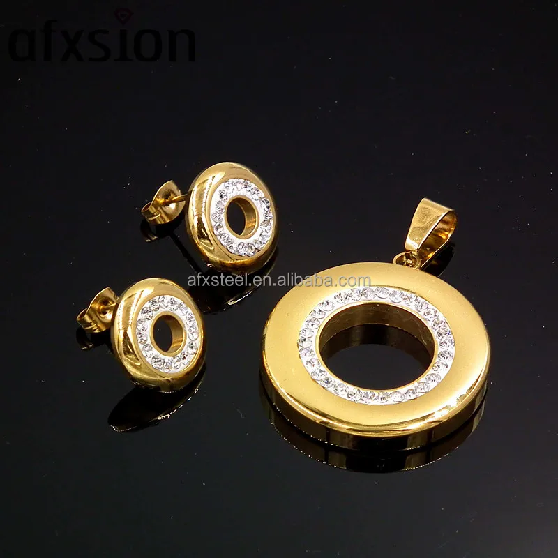 Dubai gold fashion jewelry sets 18K gold plated diamond circular stainless steel jewelry sets for female