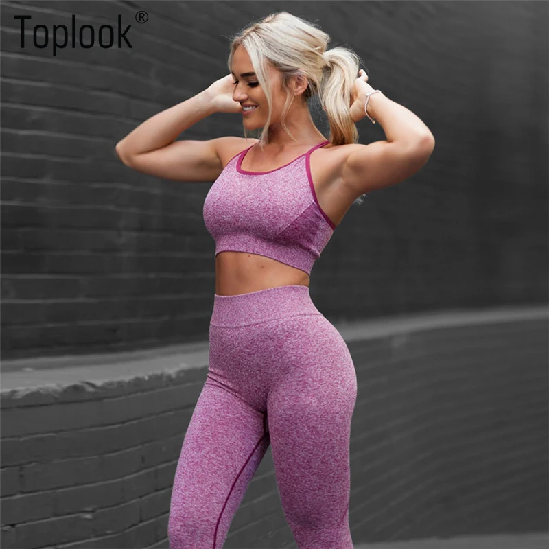 
Toplook Fitness Yoga Set New Pink Blue Solid Crop Top+Long Pants Athleisure Women Fitness Suit Gym Sports Bra+Legging S97 
