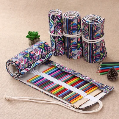 
Simple National style curtain roll pen bag 36/48/72/108 hole large capacity student canvas pencil case 