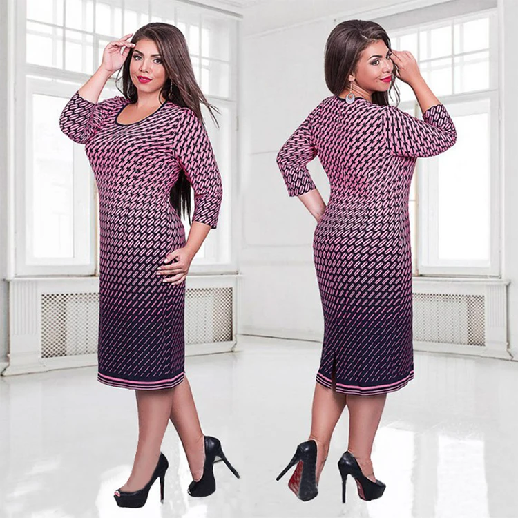 Женское элегантное платье миди из полиэстера с круглым вырезом и принтом