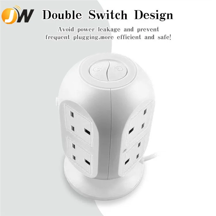 3M/9.8ft Extension Lead,4 USB Ports 8 Way Outlets Tower Power Strip Vertical Socket with Surge Protector Overload Protection
