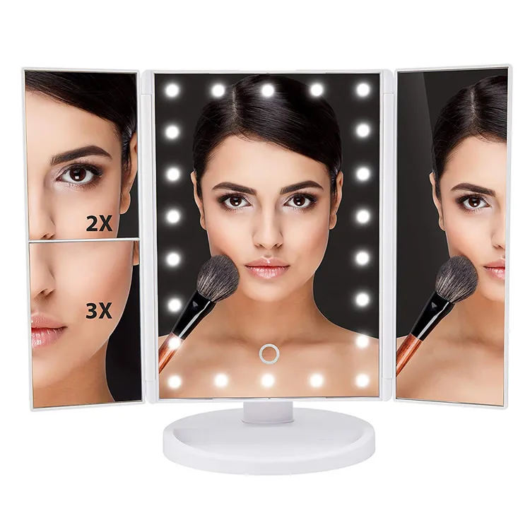 2021 Trending Product factory price folding 3 sides magnifying brightness adjustment touch sreen makeup mirror with light vanity