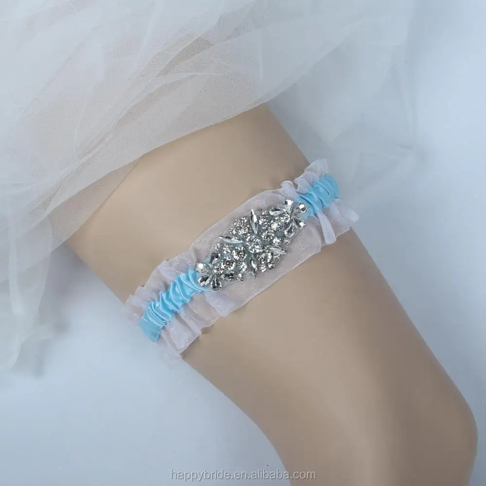 
Factory Blue Ribbon Crystal Beaded Applique Wedding Bridal Leg Garter Belt Set WG1003 