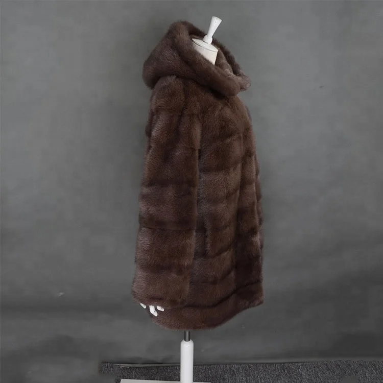 Fashion Natural Brown 90 cm Hooded Long Mink Fur Coat for Women