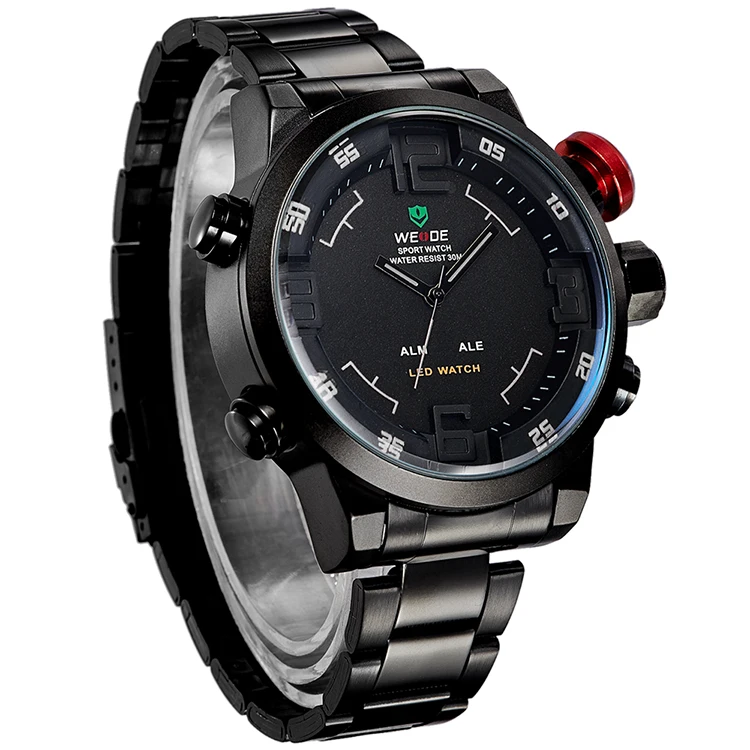 WEIDE WH2309 LED Digital Men Sports Quartz Watches Fashion Wristwatch 3 ATM Water Resistant Stainless Steel Watch