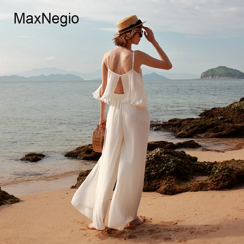 MaxNegio Fashion Lady Long White Maxi Jumpsuits Rompers Sexy Strapless Dress Holiday Party Beach chiffon Pants Dress Pants