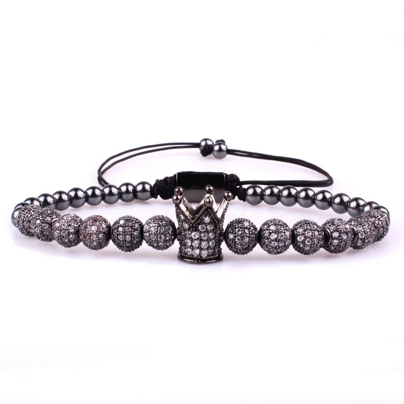 2022 Summer Hot Sell Adjustable Mens Luxury 18k Gold Plated Crown Charm Zircon Micro Insert 6mm Disco Bead Bracelet