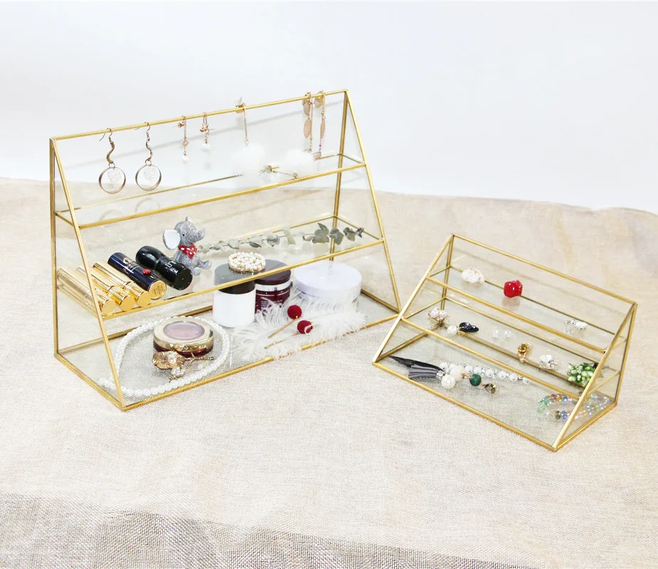 European Gold Glass Trapezoid Metal Jewelry Rack Home Decoration