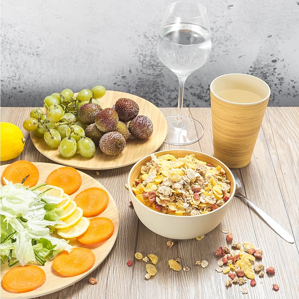 Bamboo Round Plate Tableware Sets Dishes Household Solid Salad Bowl Cup Set Dishes Environmental Protection Plates for Gift