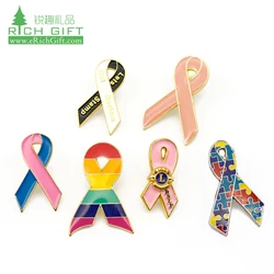 Wholesale Custom Metal Cancer Awareness autism Red pink Ribbon pins Rainbow enamel lapel pin badge for parade
