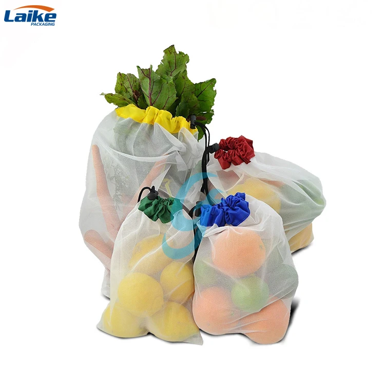 Mesh storage produce bags for potatoes,onions,garlics,vegetables reusable net tote bags for fruit veggie drawstring bag