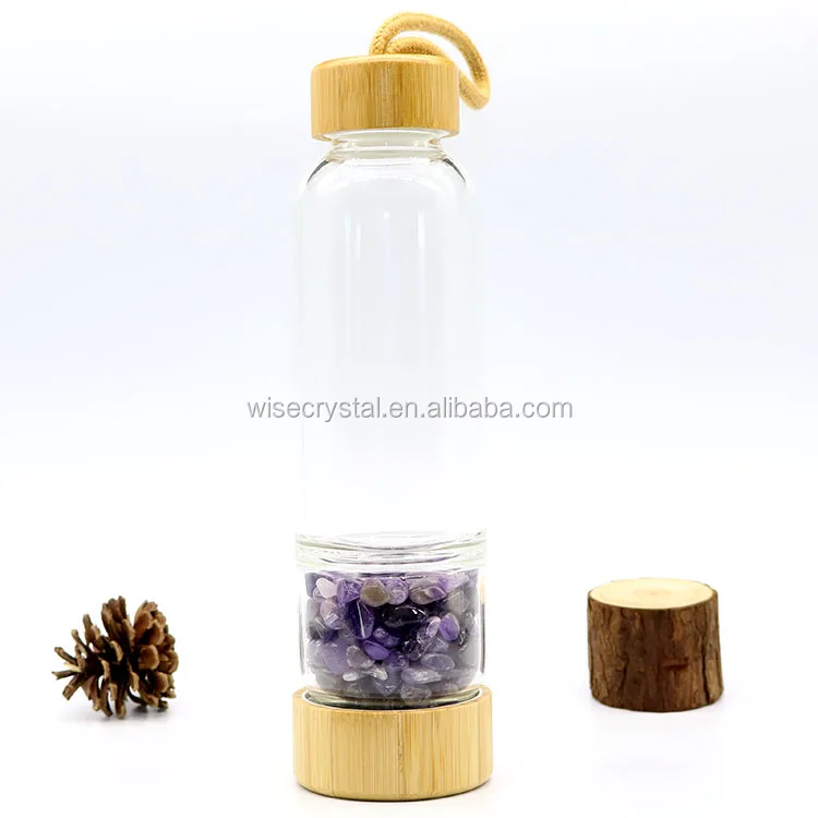
Glass Drinking Bottle healing crystal water bottle with Bamboo Lid 