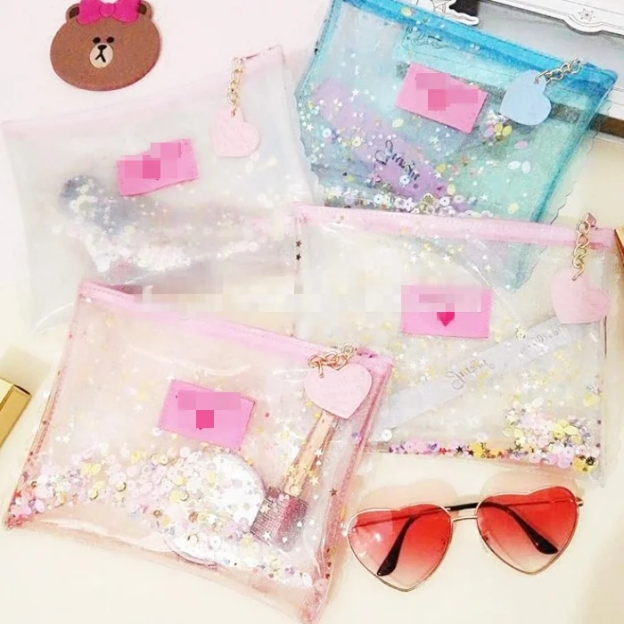 Customized  Mini fashion Glitter Clear Zipper PVC Cute Girl Beauty cosmetic  Bag