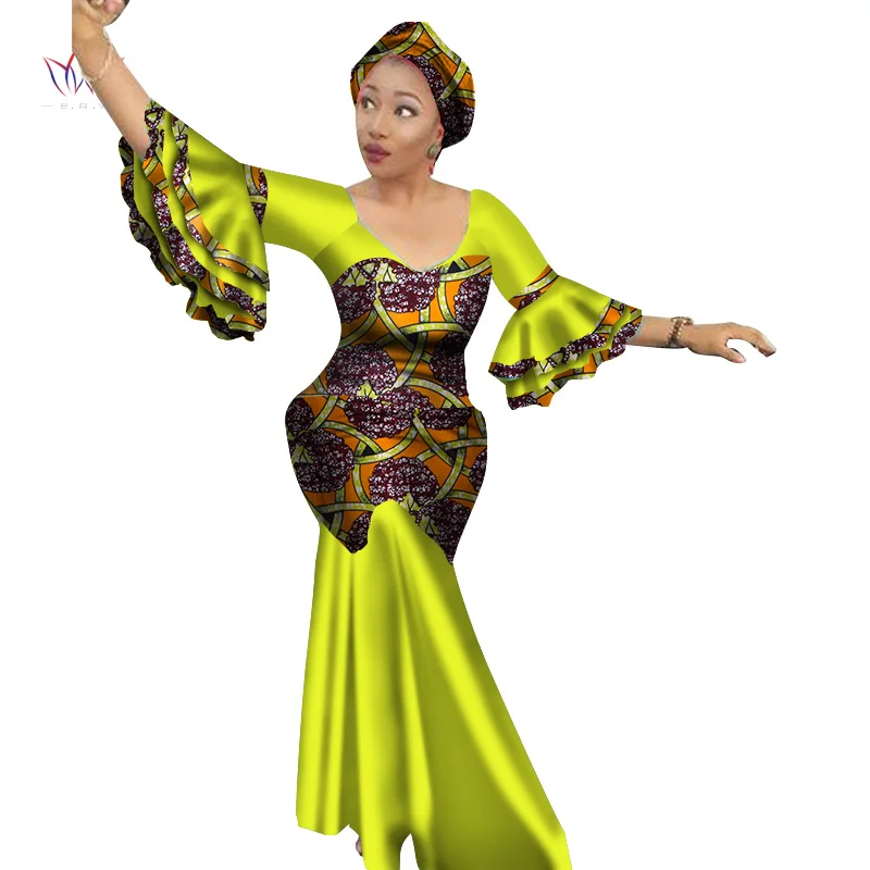 2018 Новые африканские женские платья Дашики, кружевная Лоскутная традиционная африканская одежда, вечернее платье с расклешенным рукавом WY1400