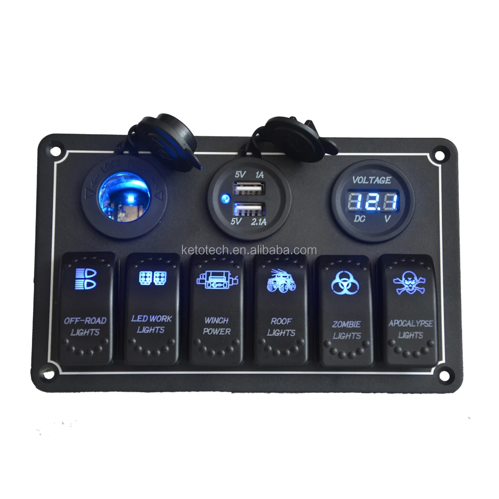 Aluminium board 6 way marine switch panel with voltmeter and USB charger