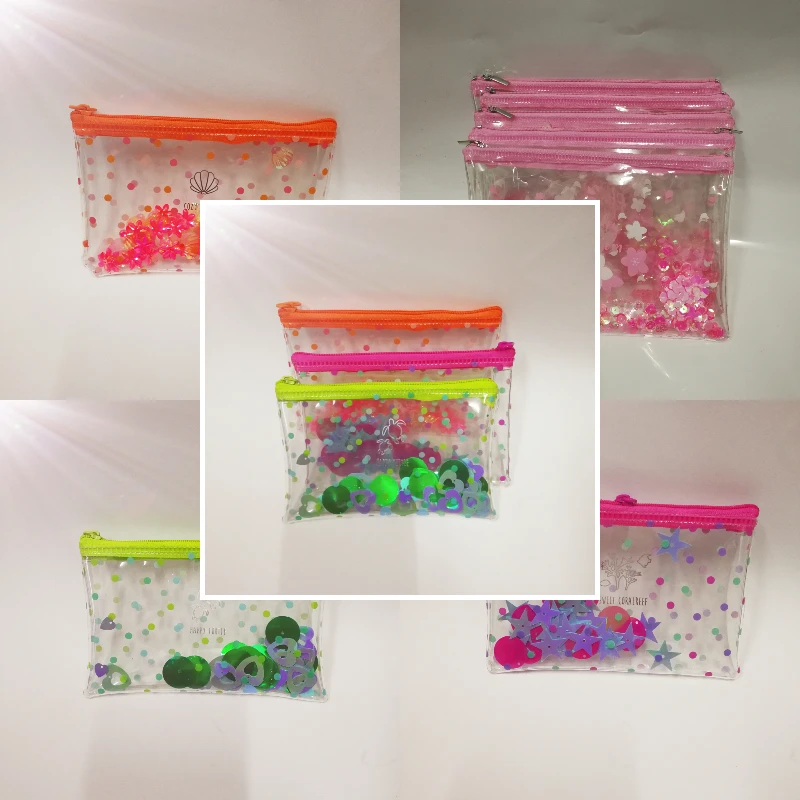 Cute Transparent Glitter Stars PVC Waterproof Pencil Case Fashionable Zipper Closure Cosmetic Bag with Custom Logo