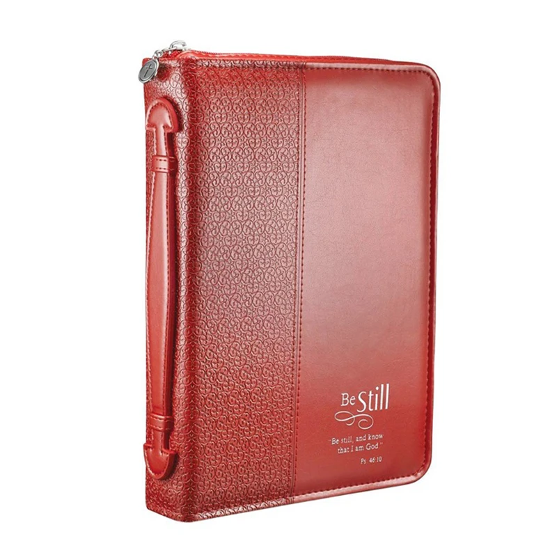 
Large size red pu leather zipped bible book cover with logo foil stamping 
