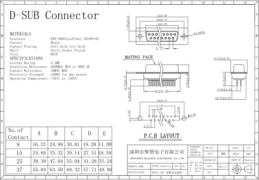 90 Degree D-sub 15 Pin 3 Rows Female HDR DB Connector