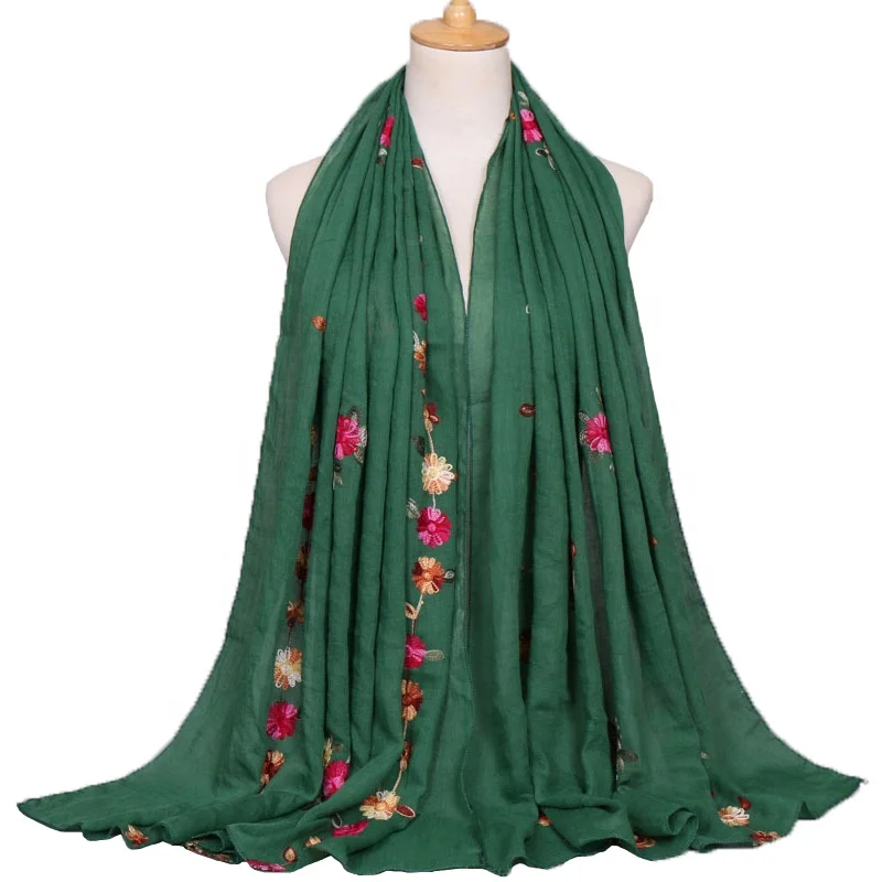 
2020 Newest High Quality Long Shawls Flower Print Women Plain Cotton Embroidered Custom Scarf 