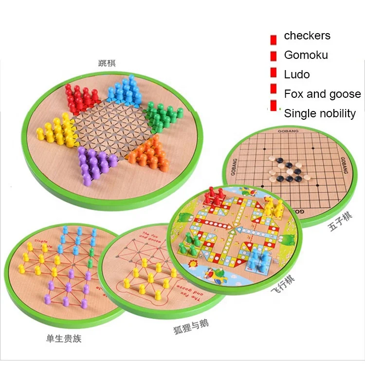 Wholesale Customization 5 in 1 Round Wooden Aeroplane Checkers Chess Board Multi Game Chess